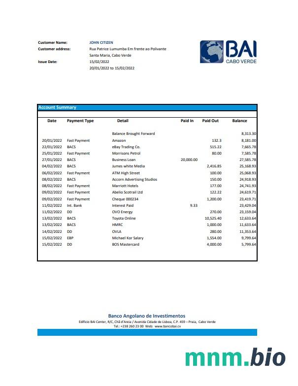 Szablon wyciągu Burundi Finbank, format Word i PDF
